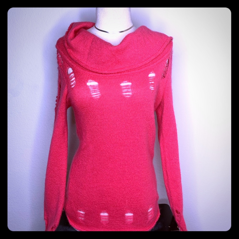 Distressed Pink Long Sleeve Cowel Turtleneck